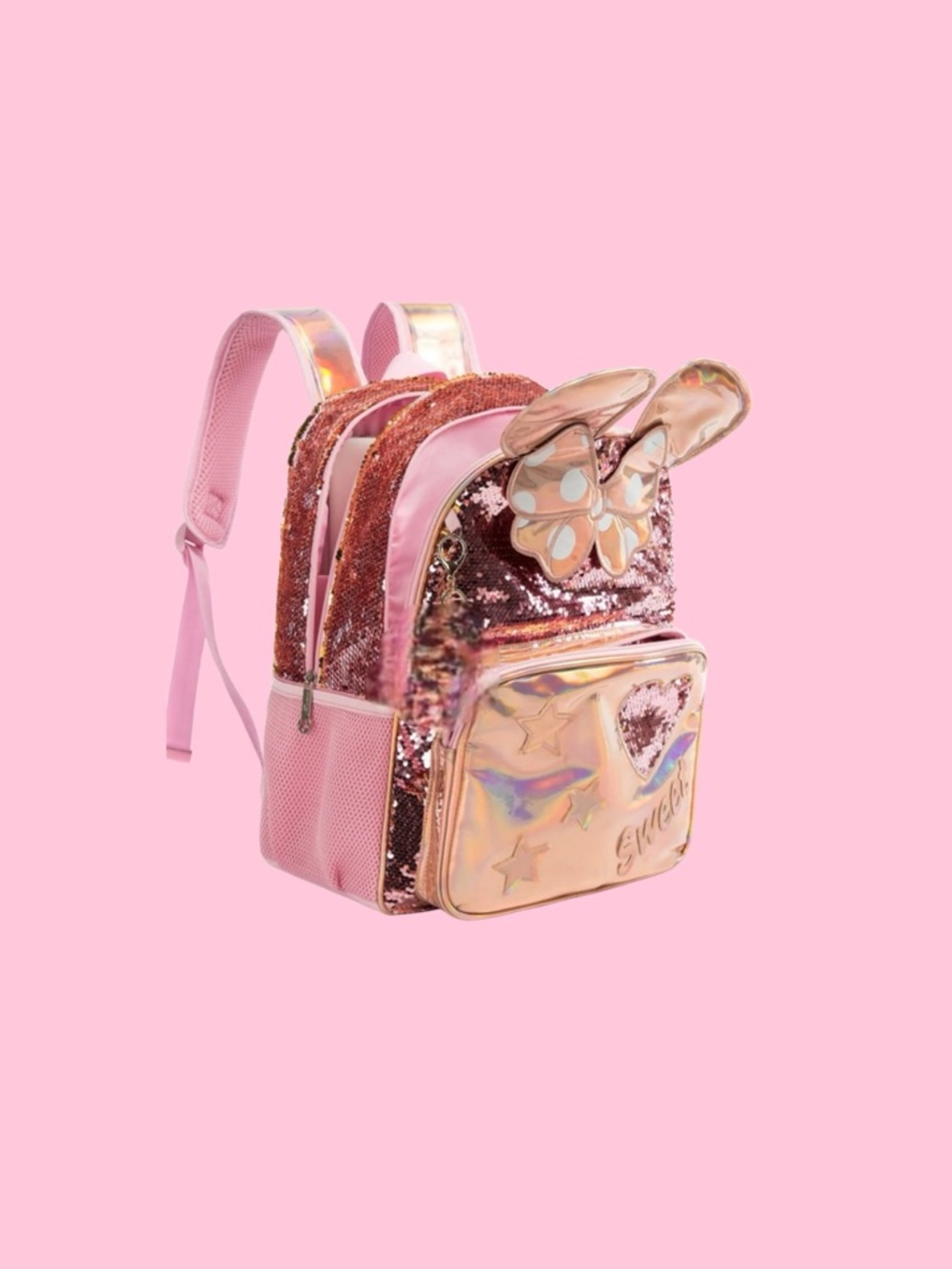 Jasmine Brand Minnie Mouse Iridescent Pink Sequin Bow Kids Backpack - Picture 2 of 8
